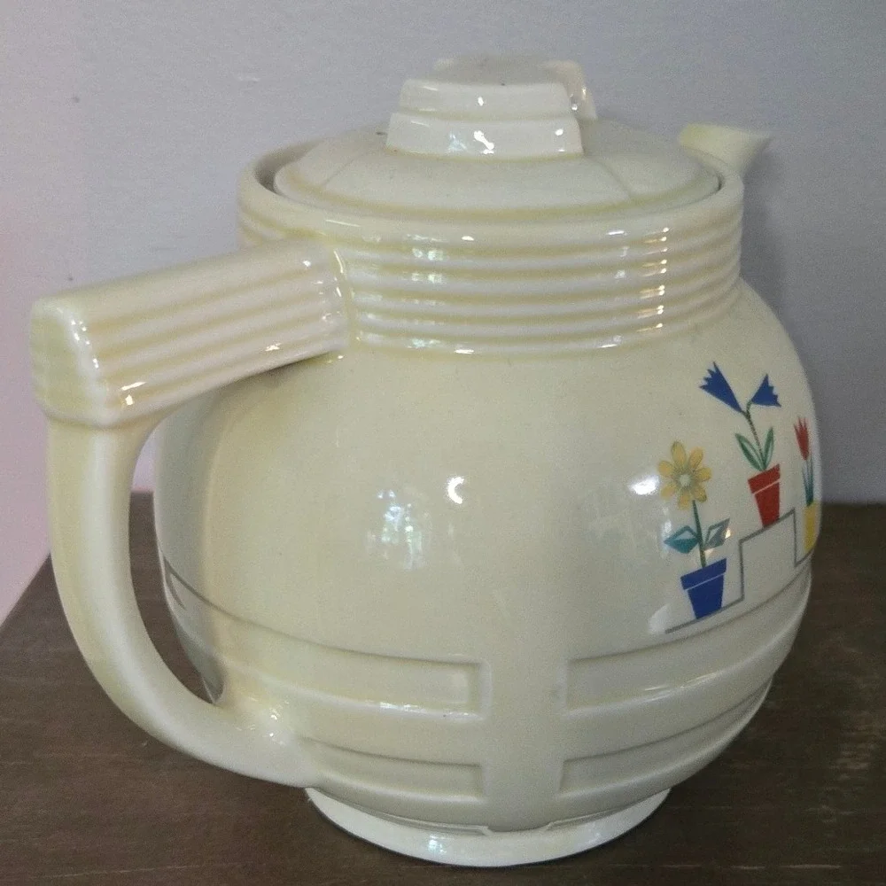 Vintage Enterprise Aluminum Co Drip-O-Lator Teapot Art Deco Floral‎ ⁹Ceramic